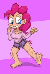 Size: 862x1274 | Tagged: safe, artist:fadri, pinkie pie, human, g4, barefoot, bra strap, clothes, feet, female, humanized, pencil, shirt, shorts, smiling, solo