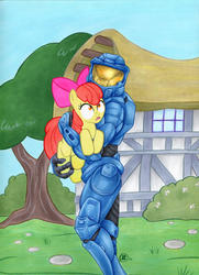Size: 1200x1657 | Tagged: safe, artist:talisx, apple bloom, human, g4, crossover, female, filly, funny, halo (series), male, michael j caboose, michael j. caboose, red vs blue, rooster teeth