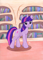 Size: 1200x1683 | Tagged: safe, artist:talisx, twilight sparkle, pony, unicorn, g4, female, library, looking at you, mare, solo