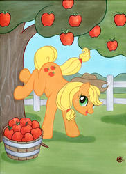 Size: 1200x1652 | Tagged: safe, artist:talisx, applejack, earth pony, pony, g4, apple, apple tree, applebucking, female, mare, solo, tree