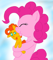 Size: 746x832 | Tagged: safe, artist:crazynutbob, pinkie pie, oc, oc:pizza pockets, pony, g4, baby, baby pony, cheek kiss, colt, disgusted, foal, kissing, male, offspring, parent:cheese sandwich, parent:pinkie pie, parents:cheesepie, tongue out