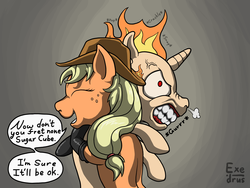 Size: 2048x1536 | Tagged: safe, artist:exedrus, applejack, twilight sparkle, rapidash, g4, angry, cowboy hat, eyes closed, fire, fireproof boots, gritted teeth, growling, hat, hug, it'll be ok, meme, open mouth, rage, rage face, rapidash twilight, smiling, snorting, stetson, wide eyes