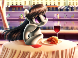 Size: 1600x1200 | Tagged: safe, artist:chryseum, octavia melody, sunshower raindrops, twinkleshine, earth pony, pony, beautiful, croissant, detailed, female, food, glass, hoof on cheek, mare, plate, scenery, sitting, smiling, solo focus, table, windswept mane, wine