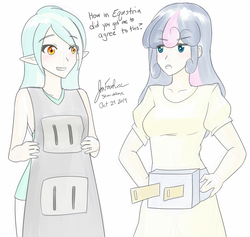 Size: 1053x1000 | Tagged: safe, artist:jonfawkes, bon bon, lyra heartstrings, sweetie drops, human, g4, 30 minute art challenge, bon bon is not amused, clothes, costume, elf ears, humanized, unamused