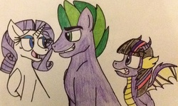 Size: 1148x686 | Tagged: safe, artist:pimpartist101, rarity, spike, twilight sparkle, dragon, g4, dragonified, female, male, ponified spike, ship:sparity, shipping, species swap, straight, traditional art, twilidragon