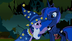 Size: 1366x768 | Tagged: safe, screencap, princess luna, twilight sparkle, g4, luna eclipsed, clothes, cosplay, costume, hoof on chest, nightmare night costume, star swirl the bearded costume, twilight the bearded