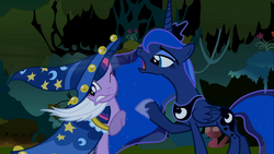 Size: 1366x768 | Tagged: safe, screencap, princess luna, twilight sparkle, g4, luna eclipsed, clothes, cosplay, costume, nightmare night costume, star swirl the bearded costume, twilight the bearded