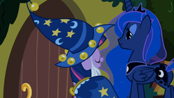 Size: 1366x768 | Tagged: safe, screencap, princess luna, twilight sparkle, g4, luna eclipsed, clothes, cosplay, costume, nightmare night costume, star swirl the bearded costume, twilight the bearded