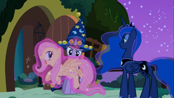 Size: 1366x768 | Tagged: safe, screencap, fluttershy, princess luna, twilight sparkle, g4, luna eclipsed, aura, clothes, cosplay, costume, levitation, magic, nightmare night costume, star swirl the bearded costume, telekinesis, twilight the bearded