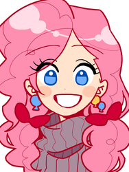 Size: 600x800 | Tagged: safe, artist:bartolomeus_, pinkie pie, human, g4, beautiful, bow, bust, clothes, colored pupils, ear piercing, earring, eye clipping through hair, female, hair bow, humanized, jewelry, piercing, portrait, smiling, solo, sweater, turtleneck