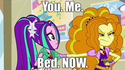 Size: 851x476 | Tagged: safe, edit, edited screencap, screencap, adagio dazzle, aria blaze, equestria girls, g4, my little pony equestria girls: rainbow rocks, angry, caption, discovery family, discovery family logo, female, implied sex, lesbian, ship:adaria, shipping, you. me. x. now.