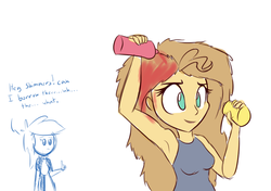 Size: 850x600 | Tagged: safe, artist:heir-of-rick, rainbow dash, sunset shimmer, equestria girls, g4, armpits, dialogue, duo, hair dye, ketchup, mustard, sketch