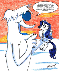 Size: 900x1093 | Tagged: safe, artist:cartoon-eric, rarity, yeti, g4, abominable snowman, and call him george, hugo the abominable snowman, looney tunes, the abominable snow rabbit, this will end in tears, traditional art