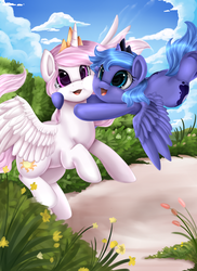 Size: 2550x3509 | Tagged: safe, artist:pridark, princess celestia, princess luna, alicorn, pony, g4, cewestia, cheek squish, cute, cutelestia, female, filly, flower, glomp, high res, hug, looking at you, lunabetes, open mouth, pridark is trying to murder us, sisters, woona