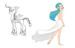 Size: 1398x904 | Tagged: safe, artist:carnifex, princess celestia, oc, oc:mirage, changeling, changeling queen, human, g4, barefoot, changeling queen oc, feet, female, humanized, simple background, sketch, white background