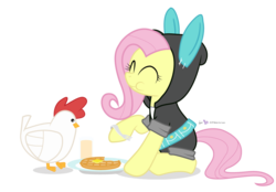 Size: 1080x750 | Tagged: safe, artist:dm29, fluttershy, chicken, pegasus, pony, g4, breakfast, bunny ears, chicken and waffles, clothes, costume, cute, dangerous mission outfit, duo, eyes closed, female, hoodie, juice, mare, simple background, sitting, smiling, transparent background, waffle