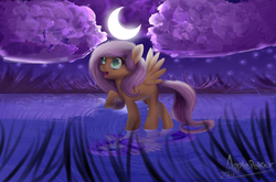 Size: 2173x1434 | Tagged: safe, artist:applepoker, fluttershy, g4, female, moon, night, raised hoof, reflection, solo, water