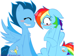 Size: 1024x749 | Tagged: safe, artist:nijineko99, rainbow dash, soarin', g4, blushing, female, male, ship:soarindash, shipping, straight