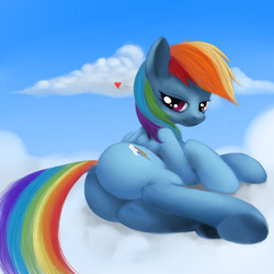 Size: 1500x1500 | Tagged: dead source, safe, artist:tres-apples, rainbow dash, pegasus, pony, g4, bedroom eyes, butt, cloud, cloudy, dock, female, heart, looking at you, lying down, lying on a cloud, mare, on a cloud, on side, outdoors, paint tool sai, plot, rainbutt dash, sky, solo, tail, underhoof
