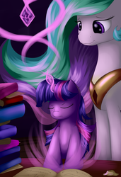 Size: 3900x5700 | Tagged: safe, artist:grennadder, princess celestia, twilight sparkle, g4, absurd resolution, book, eyes closed, filly, filly twilight sparkle, magic