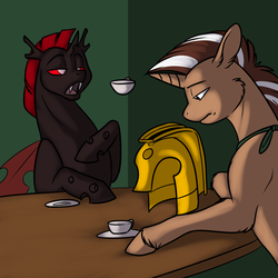 Size: 700x700 | Tagged: safe, artist:foxenawolf, oc, oc only, oc:frothy brew, oc:red archer, changeling, pony, fanfic:conversations in a canterlot café, apron, clothes, commission, fanfic art, fangs, frown, helmet, indoors, levitation, male, open mouth, red changeling, royal guard, stallion, table, teacup, unshorn fetlocks