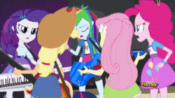 Size: 1606x900 | Tagged: safe, screencap, applejack, fluttershy, pinkie pie, rainbow dash, rarity, spike, twilight sparkle, dog, equestria girls, g4, my little pony equestria girls: rainbow rocks, animated, argument, boots, cowboy boots, discovery family, discovery family logo, high heel boots, mane six, spike the dog, twilight sparkle (alicorn)