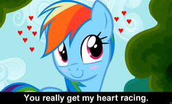 Size: 1600x973 | Tagged: safe, rainbow dash, pegasus, pony, g4, blushing, bronybait, caption, cs captions, female, heart, looking at you, love, mare, smiling, solo