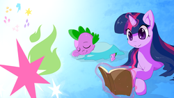 Size: 1920x1080 | Tagged: safe, artist:repoisn, spike, twilight sparkle, g4, blanket, book, cutie mark, sleeping, smiling