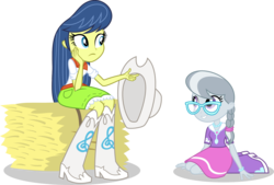 Size: 1541x1039 | Tagged: safe, artist:punzil504, fiddlesticks, silver spoon, equestria girls, g4, apple family member, applejack's cowboy boots, boots, clothes, clothes swap, cowboy boots, cowboy hat, cute, equestria girls-ified, glasses, hat, hay, hay bale, high heel boots, humanized, legs, simple background, skirt, smiling, transparent background, vector