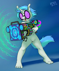 Size: 500x600 | Tagged: safe, artist:drjavi, dj pon-3, vinyl scratch, anthro, plantigrade anthro, g4, barefoot, bass cannon, dubstep gun, featureless crotch, feet, female, nudity, saints row, saints row iv, solo, toes