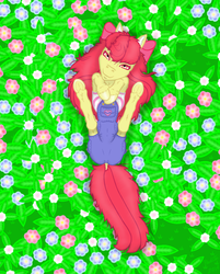 Size: 870x1080 | Tagged: safe, artist:healer-and-protecter, artist:radita, apple bloom, g4, female, field, flower, grass, heart, overalls, pose, smiling, solo, sunlight, underhoof