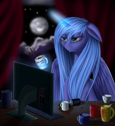 Size: 854x935 | Tagged: dead source, safe, artist:f13proxima, princess luna, g4, coffee, computer, female, floppy ears, russian, sleepy, solo, star of david