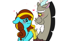 Size: 1280x720 | Tagged: safe, artist:lexieskye, discord, oc, oc:ilovekimpossiblealot, g4, blushing, canon x oc, that pony sure does love discord