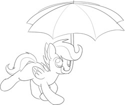 Size: 589x493 | Tagged: safe, artist:mcsadat, scootaloo, pegasus, pony, g4, cute, cutealoo, female, filly, foal, folded wings, grayscale, lineart, monochrome, mouth hold, simple background, solo, umbrella, walking, white background, wings