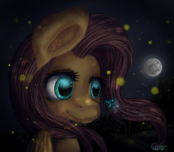 Size: 1600x1400 | Tagged: safe, artist:scyrina, fluttershy, firefly (insect), g4, female, moon, night, smiling, solo