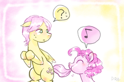 Size: 600x400 | Tagged: safe, artist:prk, fluttershy, pinkie pie, g4, bubble berry, butterscotch, eating, pixiv, rule 63