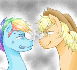 Size: 550x500 | Tagged: safe, artist:prk, applejack, rainbow dash, g4, applejack (male), pixiv, rainbow blitz, rule 63