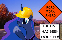 Size: 1268x816 | Tagged: safe, artist:10art1, edit, princess luna, pony, g4, construction, hard hat, hat, irl, photo, ponies in real life, road work, solo