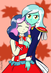 Size: 699x1000 | Tagged: safe, artist:empyu, bon bon, lyra heartstrings, sweetie drops, equestria girls, g4, abstract background, clothes, costume, duo, female, lesbian, revolutionary girl utena, ship:lyrabon, shipping