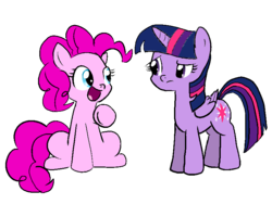 Size: 800x600 | Tagged: safe, artist:porcypinkporcupine, pinkie pie, twilight sparkle, alicorn, pony, g4, female, fourth wall, mare, open mouth, pointing, simple background, smiling, transparent background, twilight sparkle (alicorn)
