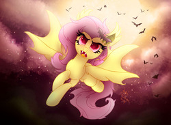 Size: 1300x950 | Tagged: safe, artist:joakaha, fluttershy, g4, female, flutterbat, flying, solo, spread wings