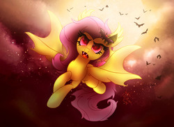 Size: 1300x950 | Tagged: safe, artist:joakaha, fluttershy, g4, female, flutterbat, flying, solo, spread wings