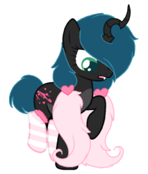 Size: 700x820 | Tagged: dead source, safe, artist:afropuppy, oc, oc only, oc:bella boo, hybrid, clothes, interspecies offspring, magical lesbian spawn, offspring, parent:oc:fluffle puff, parent:queen chrysalis, parents:canon x oc, parents:chrysipuff, socks, solo, striped socks
