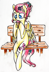 Size: 1616x2376 | Tagged: safe, artist:bibmob, fluttershy, g4, alternate hairstyle, bench, female, ice cream, sitting, solo