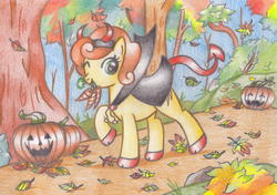 Size: 1355x955 | Tagged: safe, artist:miyukikyki, carrot top, golden harvest, earth pony, pony, g4, autumn, carrot, clothes, colored pencil drawing, costume, cute, cutie top, devil horns, jack-o-lantern, leaves, mouth hold, nightmare night, one eye closed, pumpkin, raised hoof, smiling, traditional art, wink