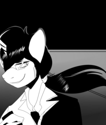 Size: 1280x1509 | Tagged: dead source, safe, king sombra, unicorn, anthro, g4, black and white, glasses, grayscale, male, monochrome, ponytail, solo, stallion