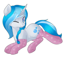 Size: 1280x1152 | Tagged: safe, artist:rue-willings, oc, oc only, oc:bubble lee, oc:imago, pony, unicorn, clothes, socks, solo, wink