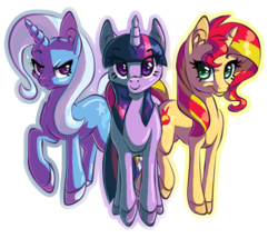 Size: 550x470 | Tagged: safe, artist:tami-kitten, sunset shimmer, trixie, twilight sparkle, alicorn, pony, unicorn, g4, counterparts, magical trio, simple background, smiling, transparent background, twilight sparkle (alicorn), twilight's counterparts