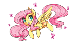 Size: 1000x571 | Tagged: dead source, safe, artist:suzuii, fluttershy, butterfly, g4, female, flying, happy, simple background, smiling, solo, spread wings, transparent background