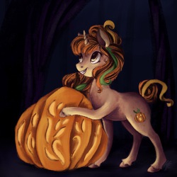 Size: 2500x2500 | Tagged: safe, artist:haicasio, oc, oc only, halloween, high res, holiday, jack-o-lantern, pumpkin, pumpkin carving, smiling, solo
